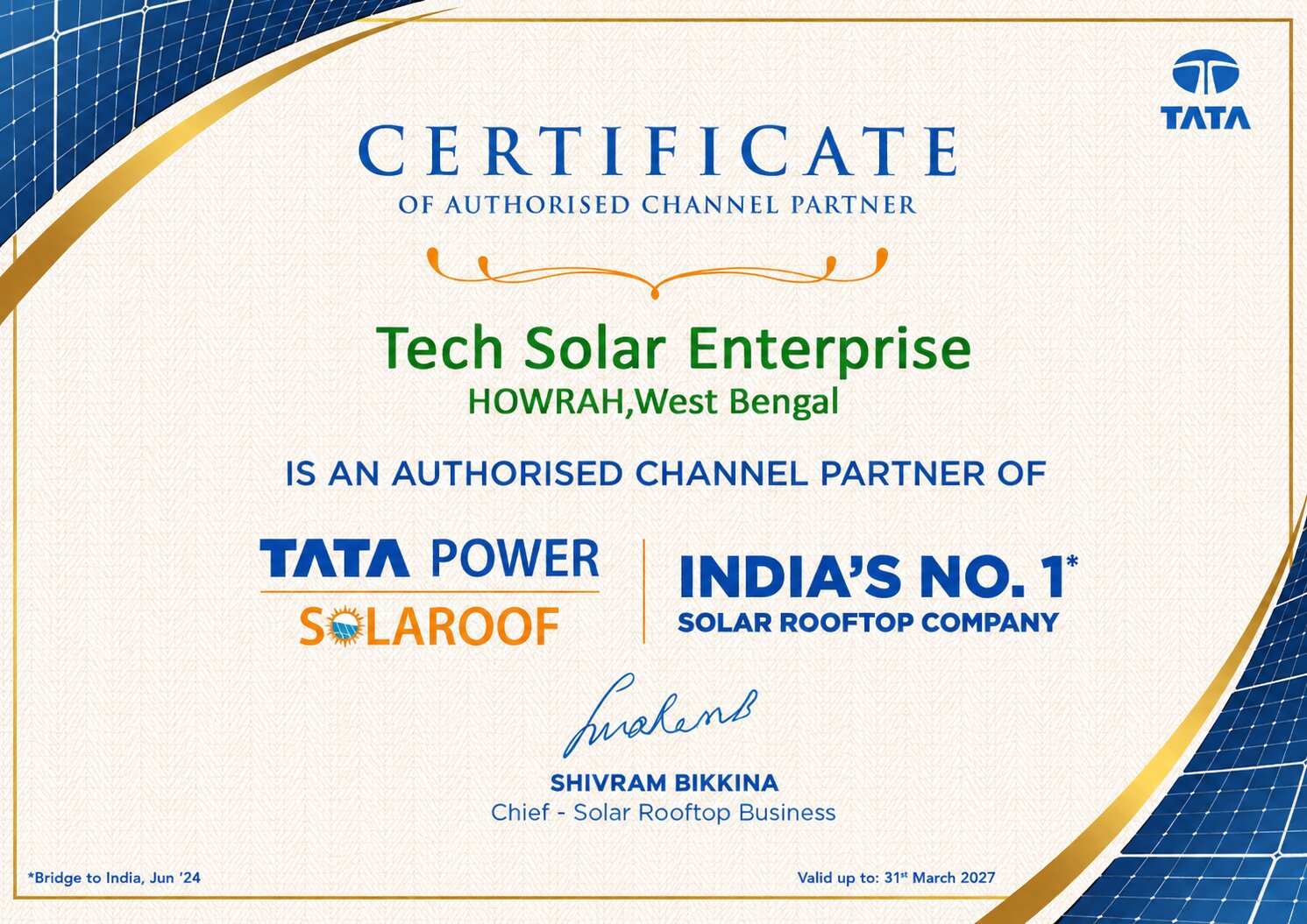 Tata Power Authorized Dealer Certificate