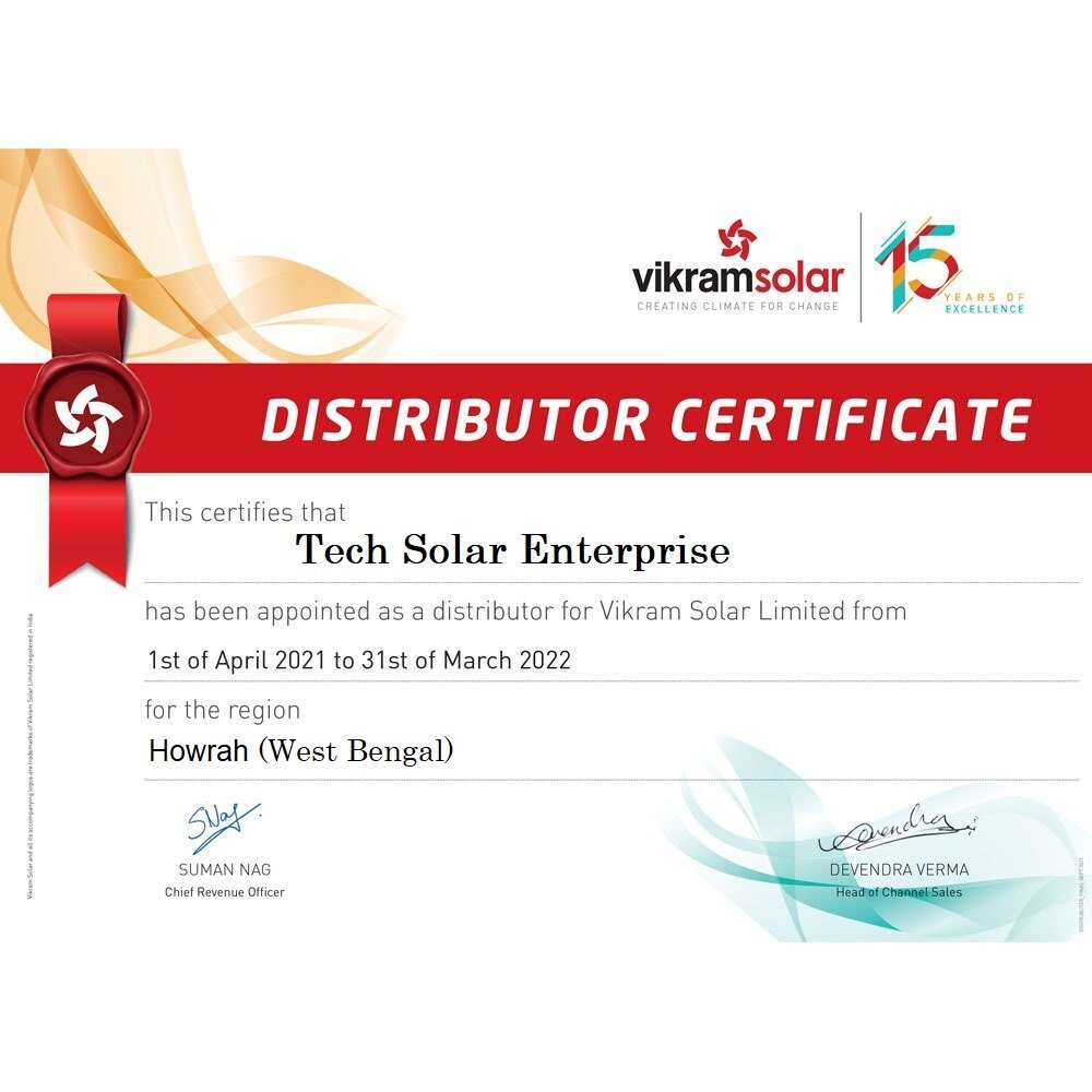 Vikram Solar Authorized Dealer Certificate